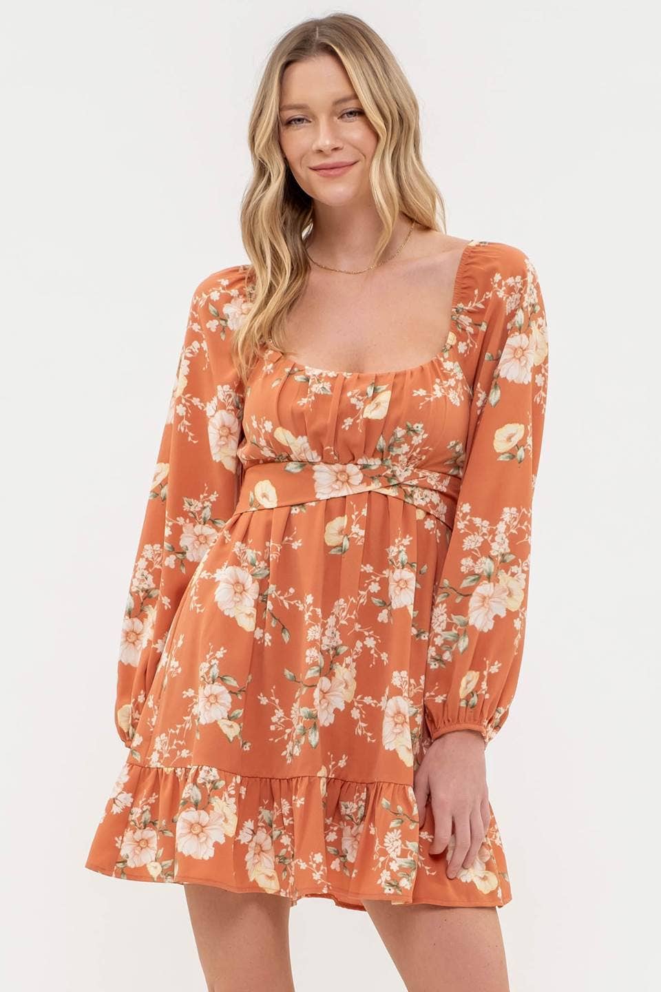 FLORAL LONG SLEEVE BACK TIE MINI DRESS