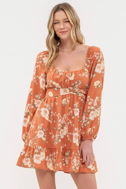 FLORAL LONG SLEEVE BACK TIE MINI DRESS