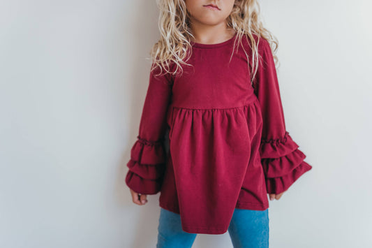 Kids Wine 3 Ruffle Sleeve Blouse Fall Winter Shirt