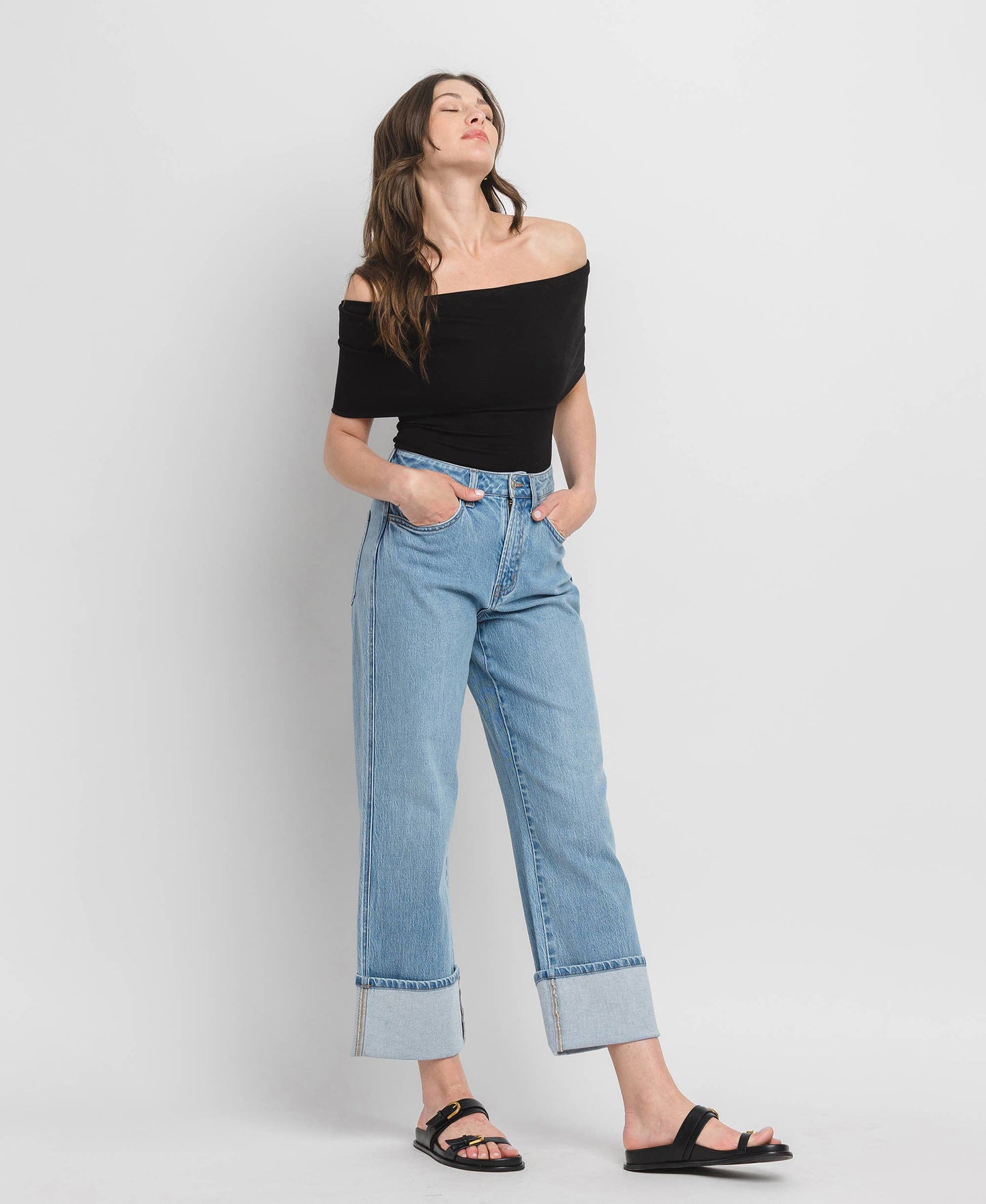 Gabby SUPER HIGH RISE CUFF BAGGY STRAIGHT JEANS T6513