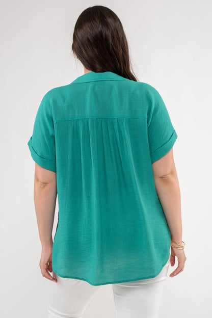 PL BUTTON DOWN CUFFED SHORT SLEEVE TOP