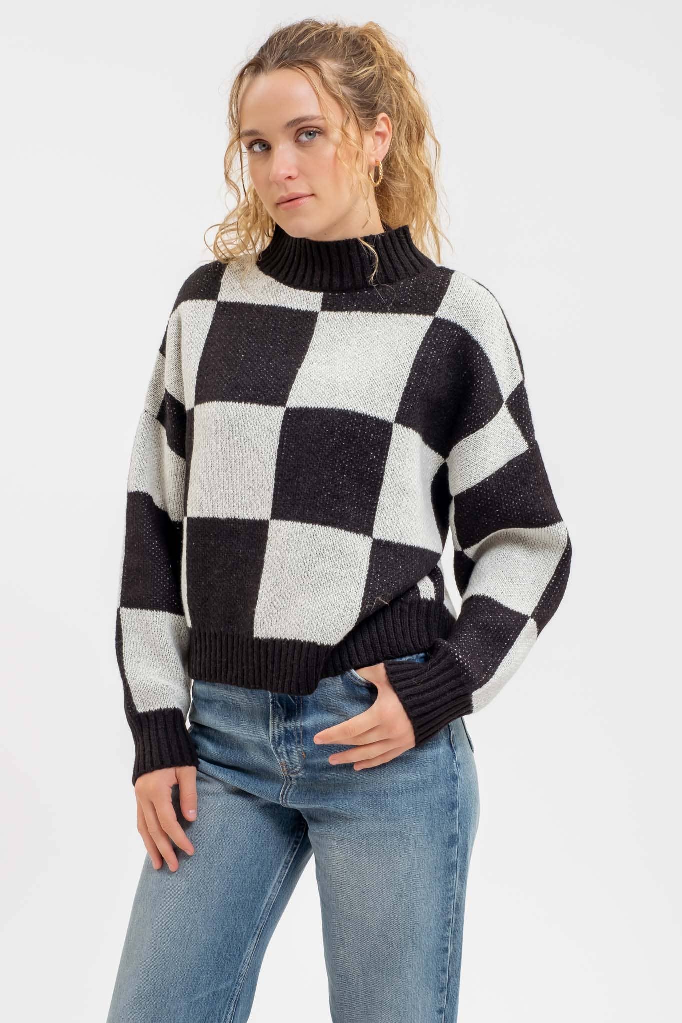 CHECKERED MOCK NECK KNIT PULLOVER SWEATER