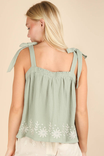 Floral Embroidered Ribbon Tie Top