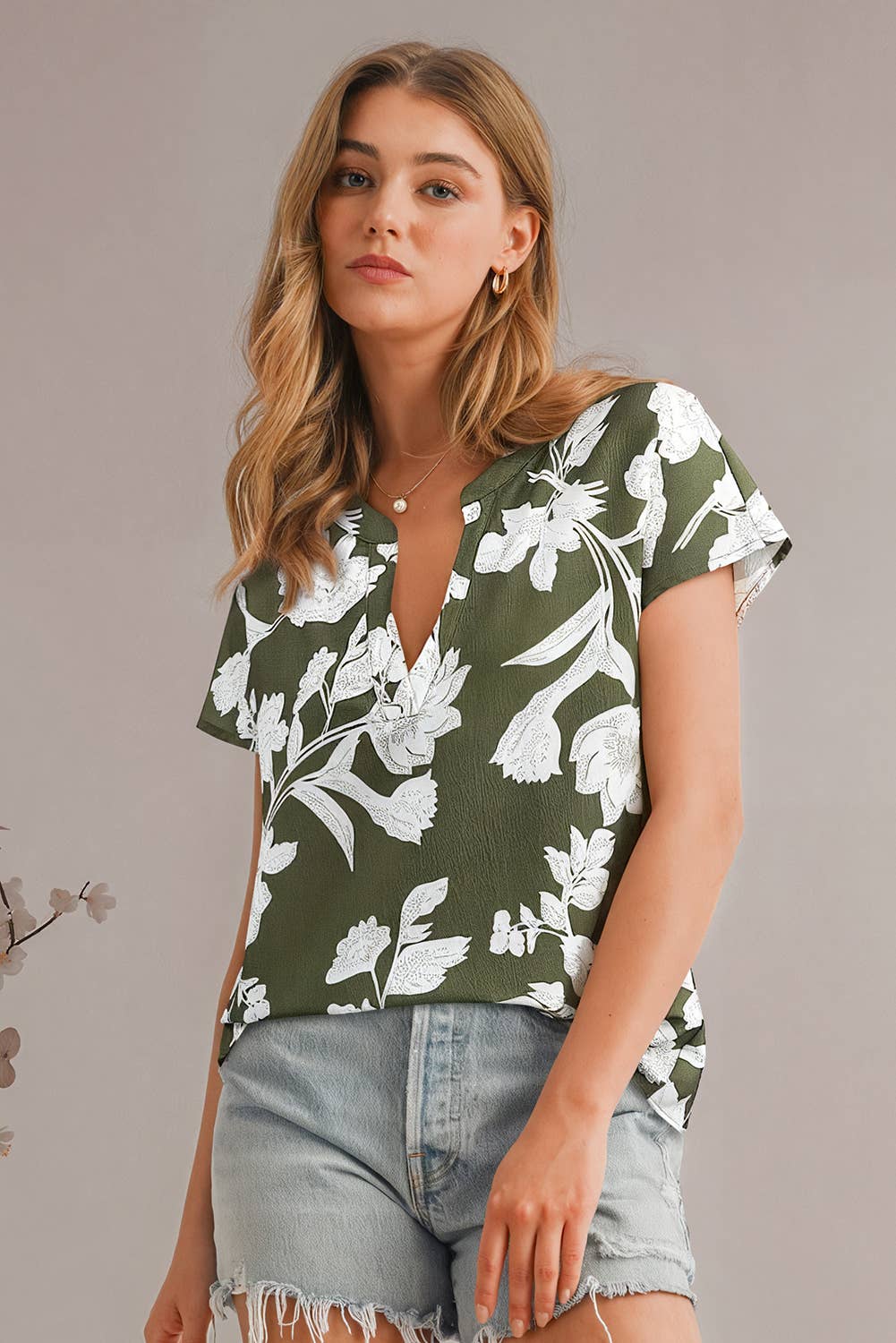Floral V Neck Short Sleeve Blouse