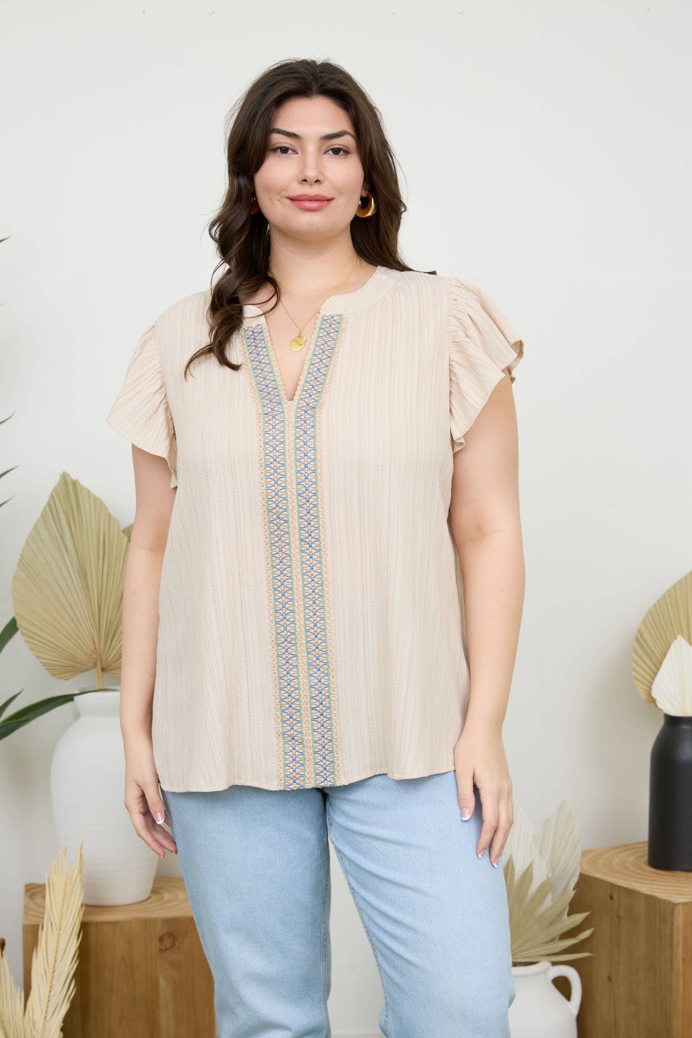 PL LACE TRIM CRINKLE BLOUSE