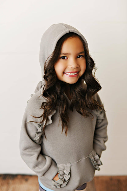 Gray Ruffle Hoodie Rainbow Stripe Leggings Set