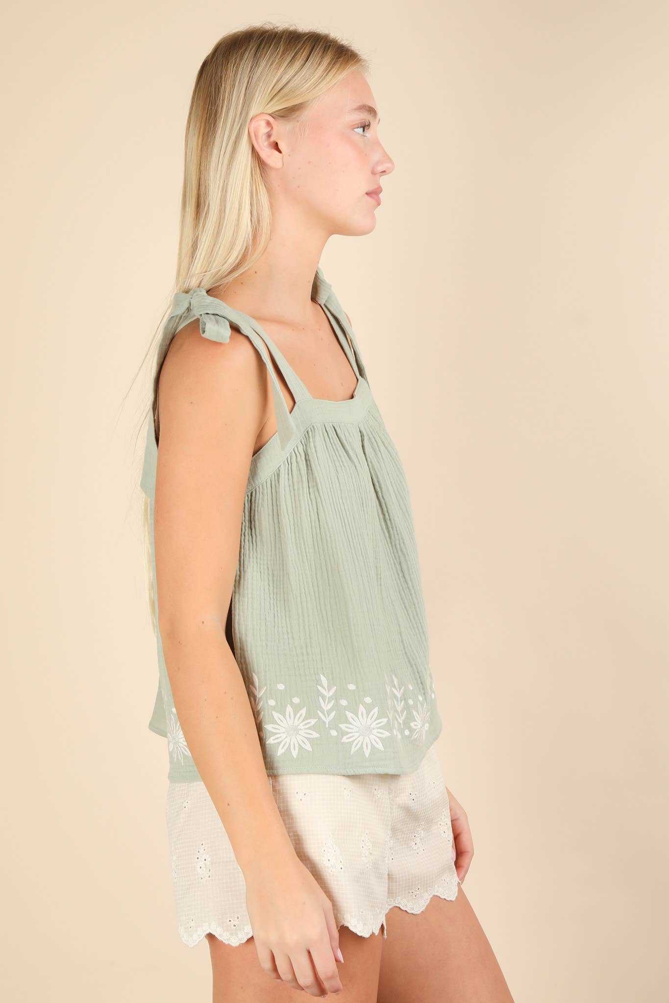 Floral Embroidered Ribbon Tie Top