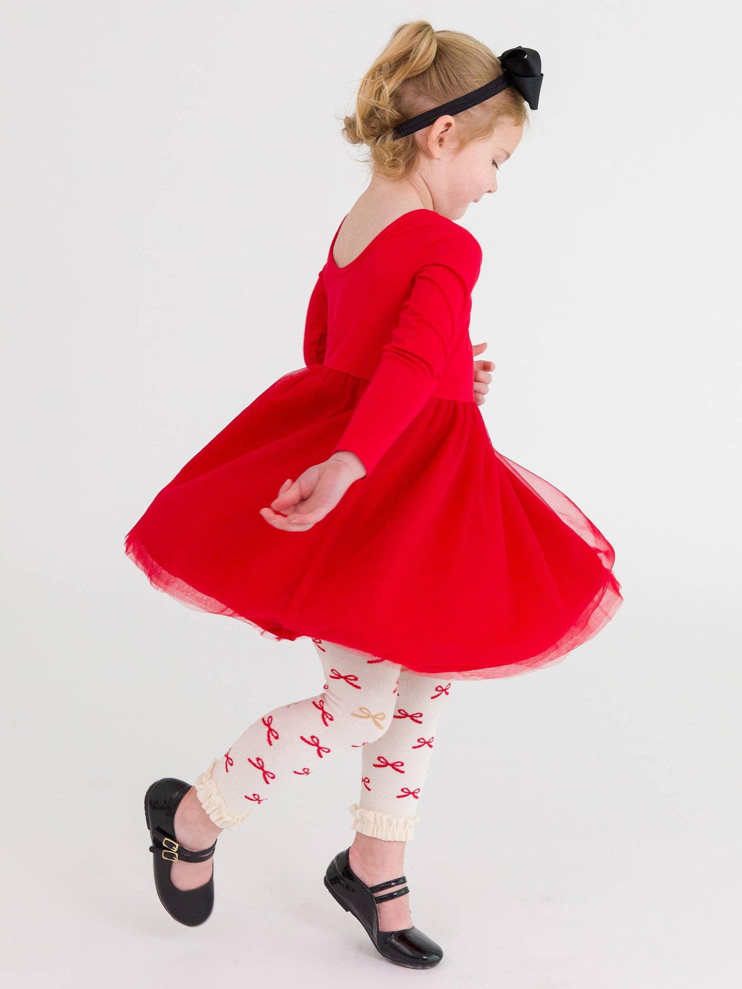 Red Sparkle Bow Ribbon Patterned Footless Ruffle Tights