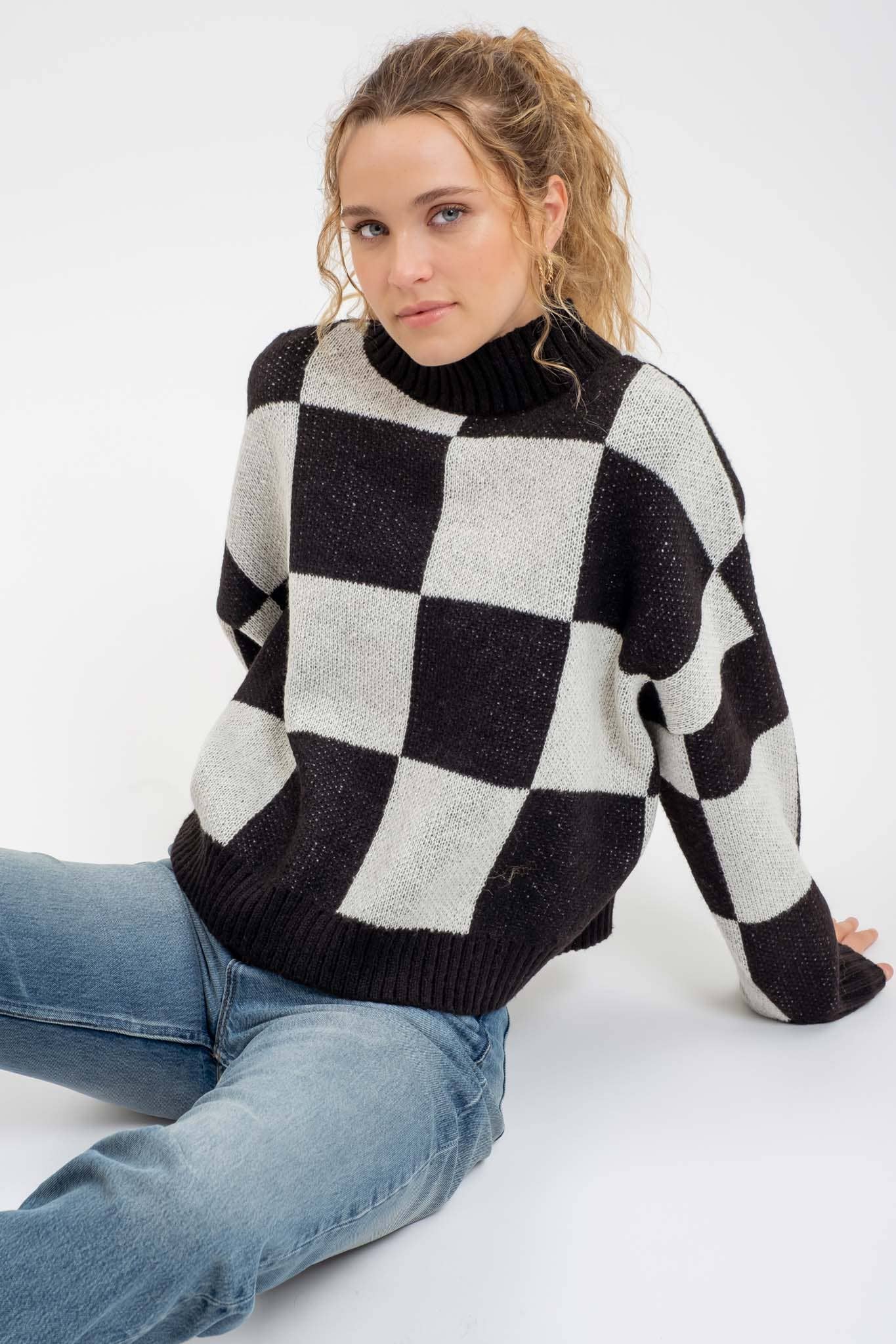 CHECKERED MOCK NECK KNIT PULLOVER SWEATER