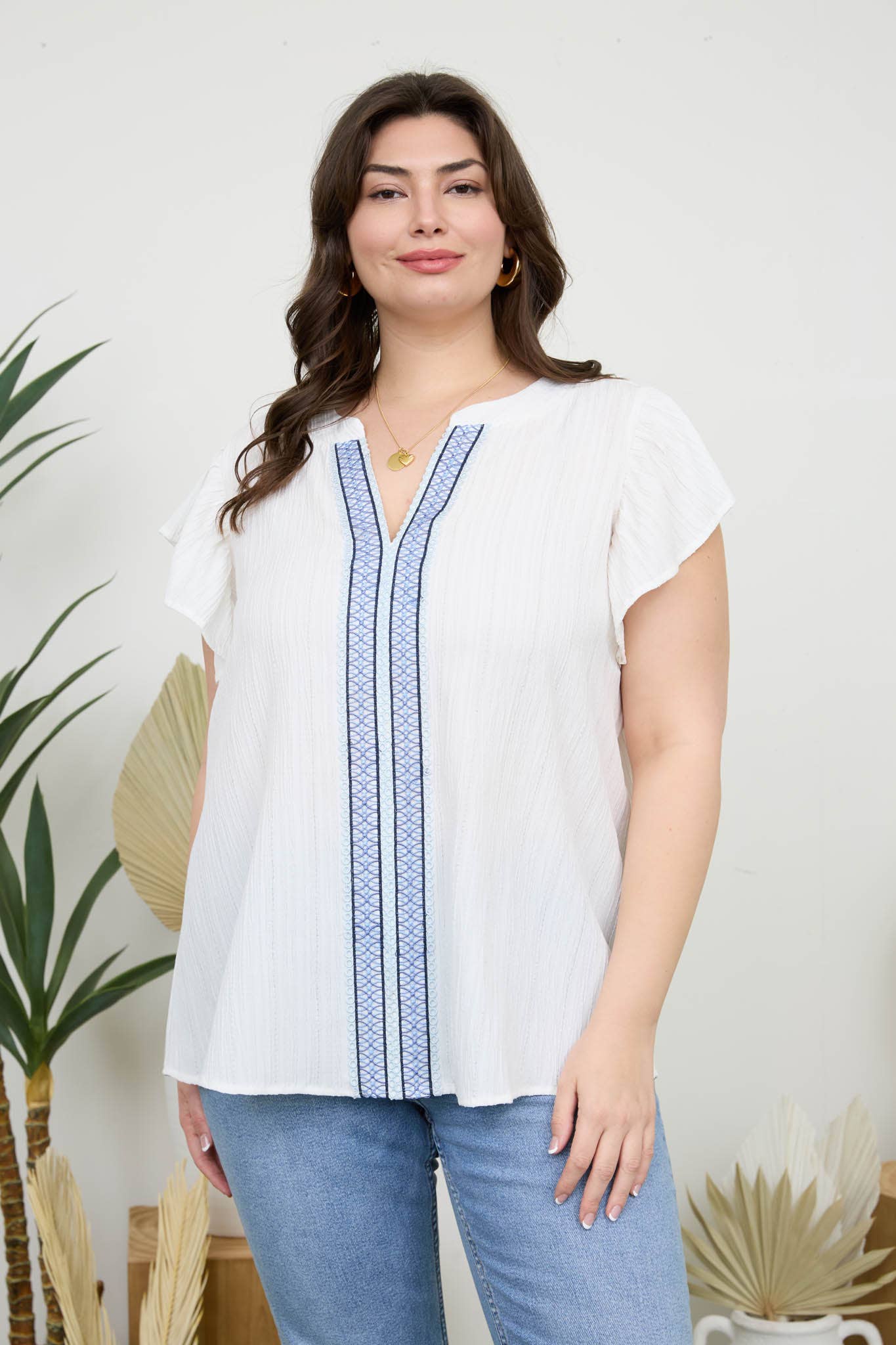 PL LACE TRIM CRINKLE BLOUSE