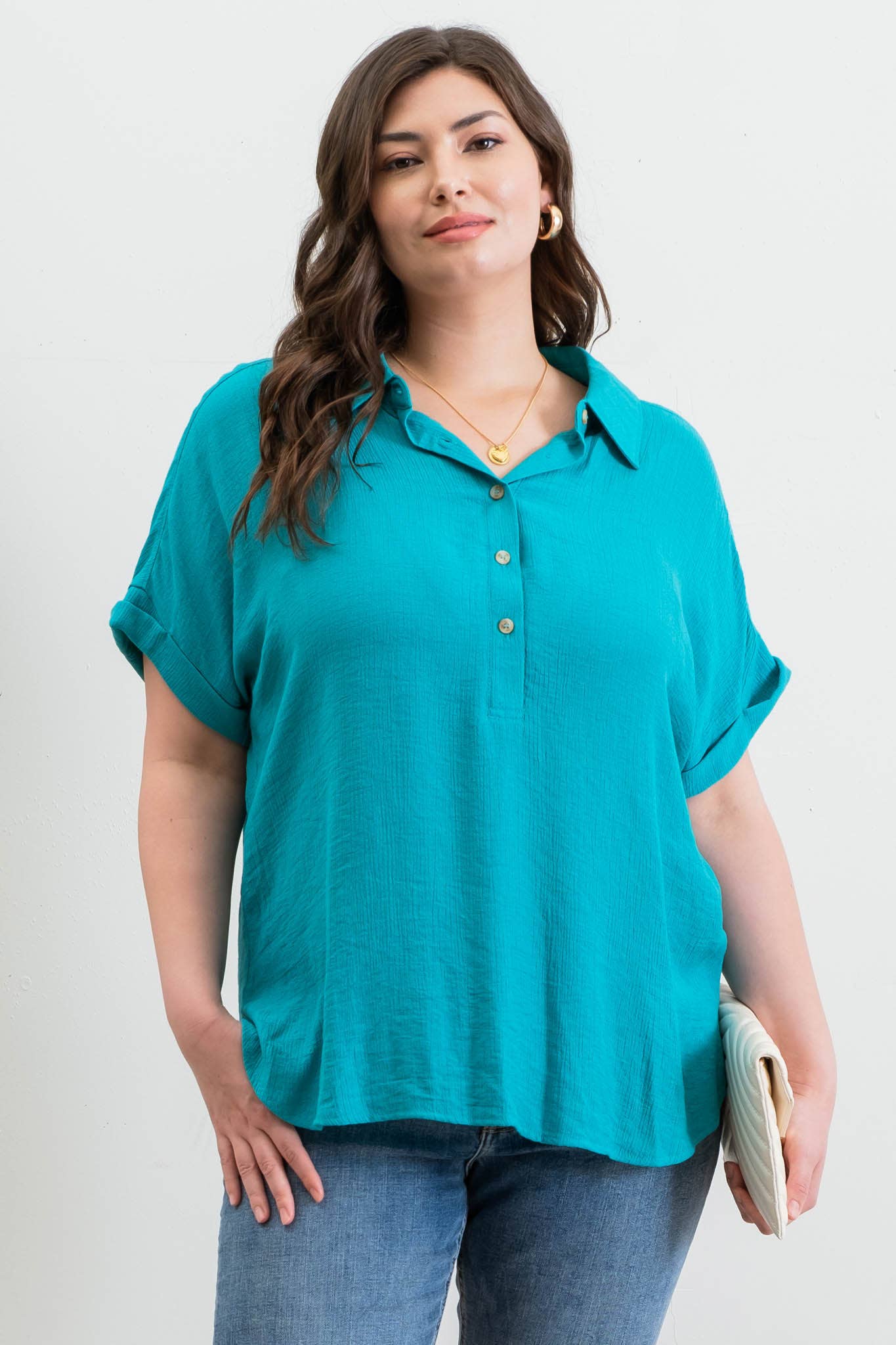 PL BUTTON DOWN CUFFED SHORT SLEEVE TOP