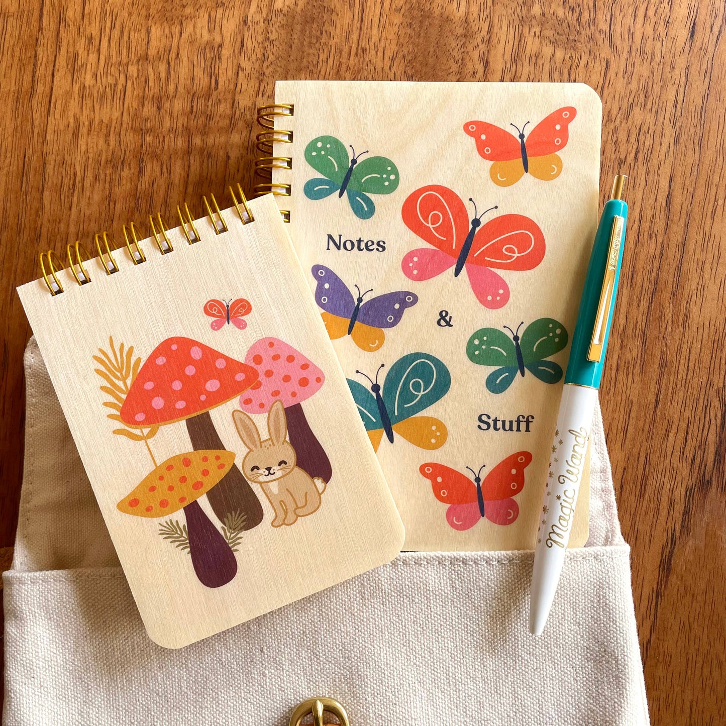 Rabbit Mushrooms Wood Mini Notepad