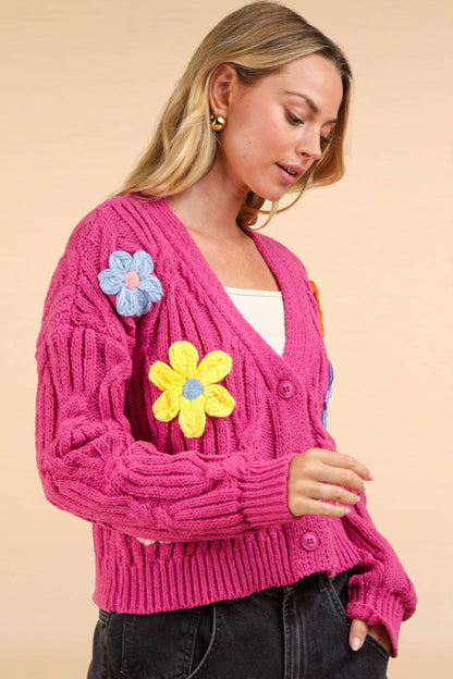 Flower Applique Knit Sweater Cardigan