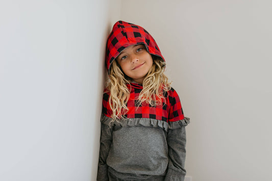 Kids Buffalo Check Ruffle Hooded Sweat Pant Fall Winter Set