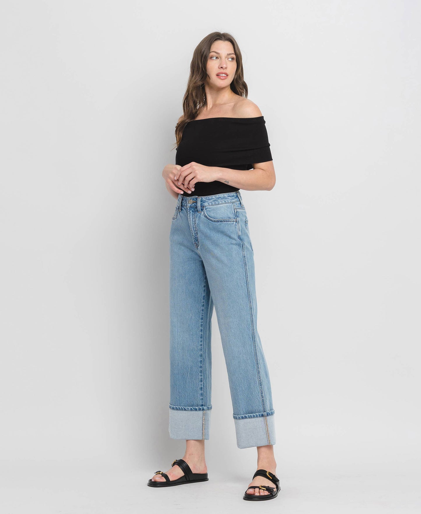 Gabby SUPER HIGH RISE CUFF BAGGY STRAIGHT JEANS T6513