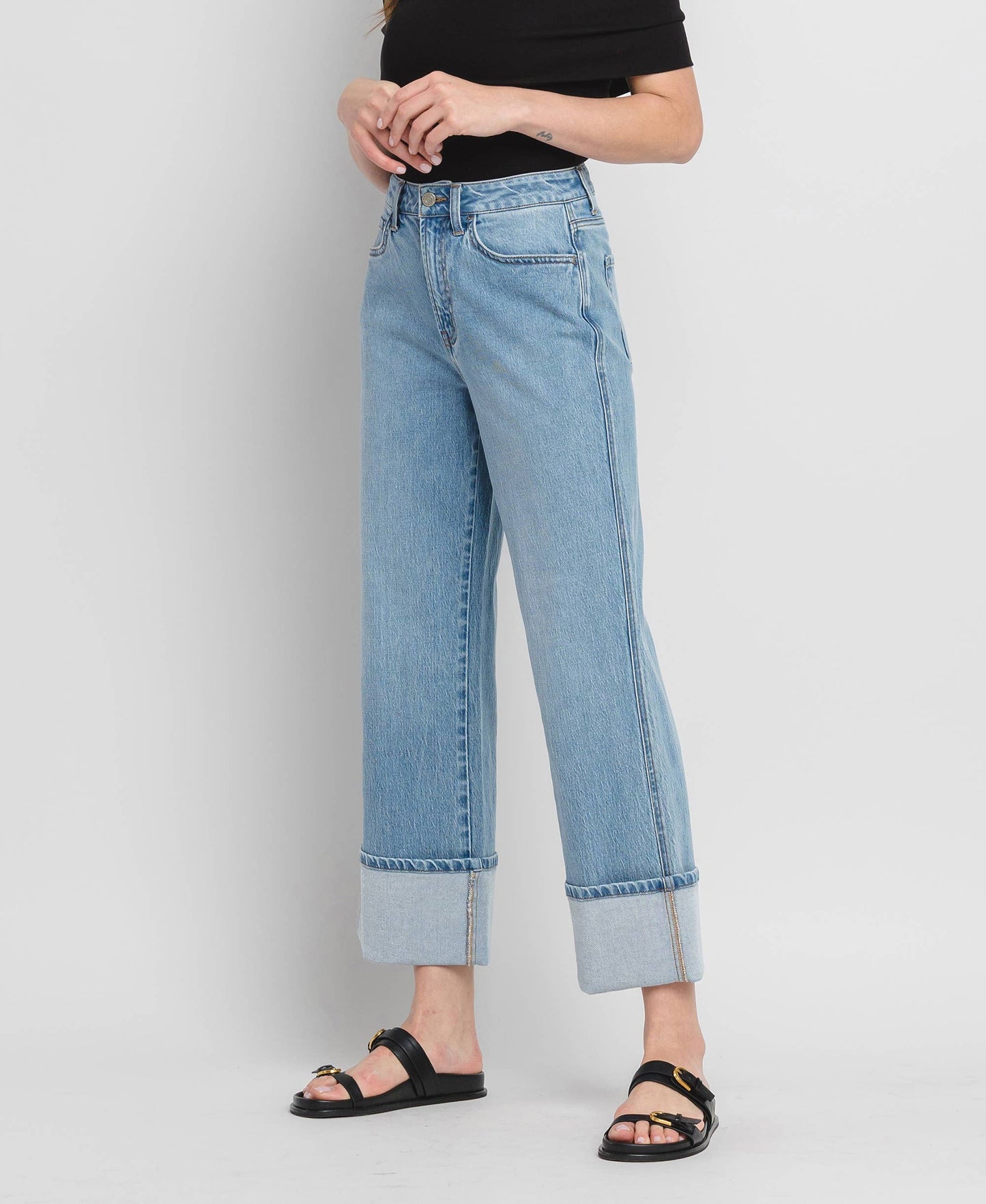 Gabby SUPER HIGH RISE CUFF BAGGY STRAIGHT JEANS T6513