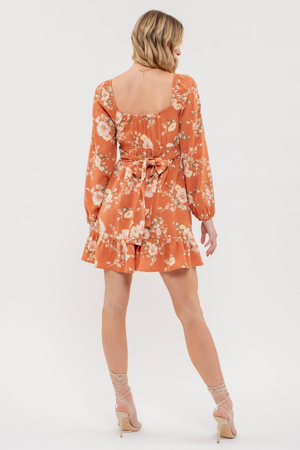 FLORAL LONG SLEEVE BACK TIE MINI DRESS