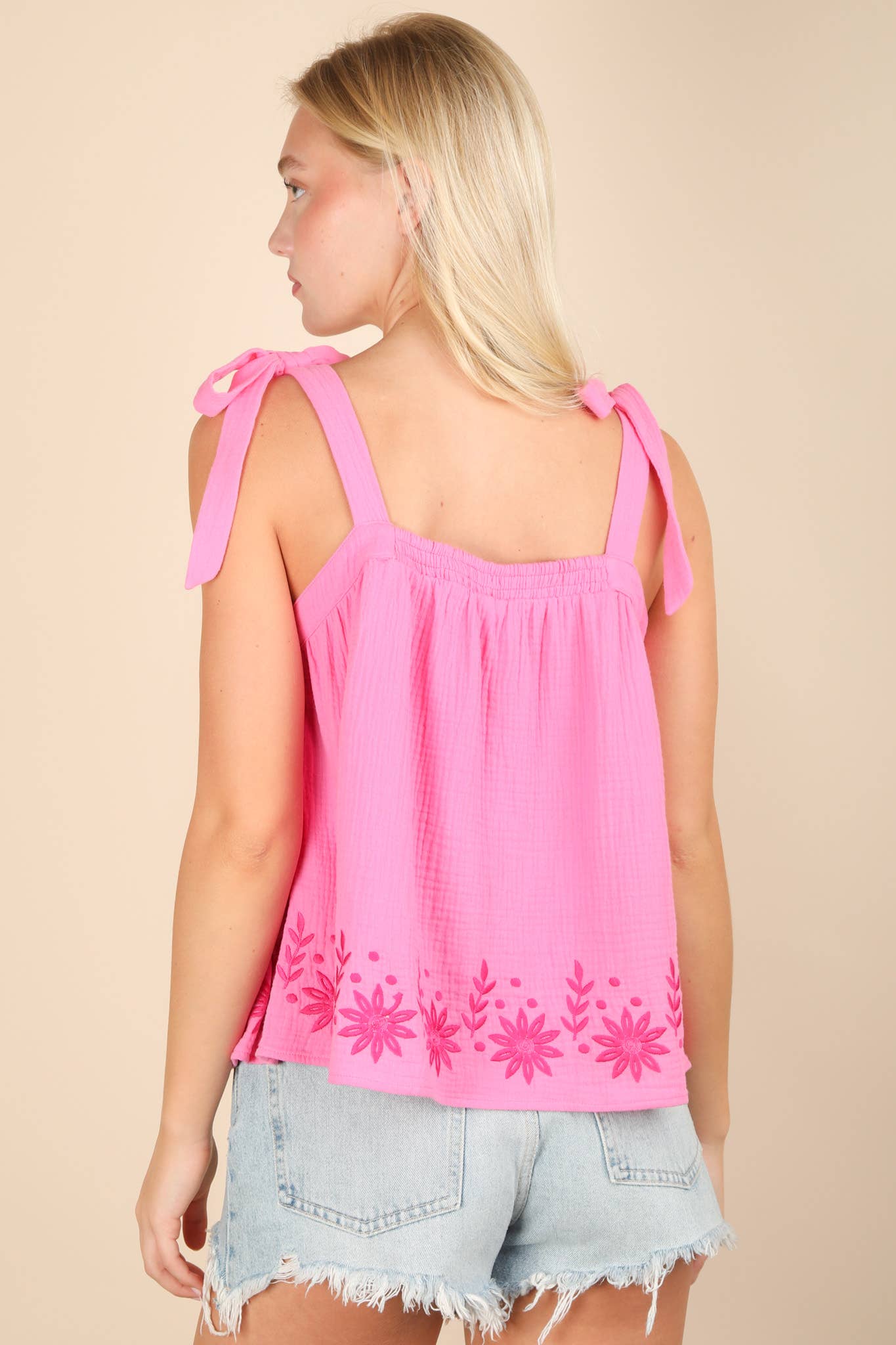 Floral Embroidered Ribbon Tie Top