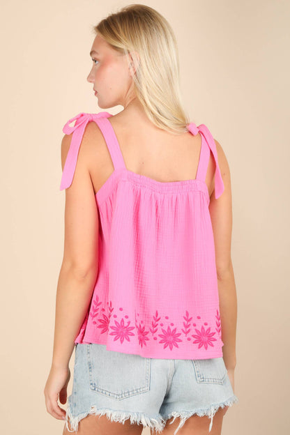 Floral Embroidered Ribbon Tie Top