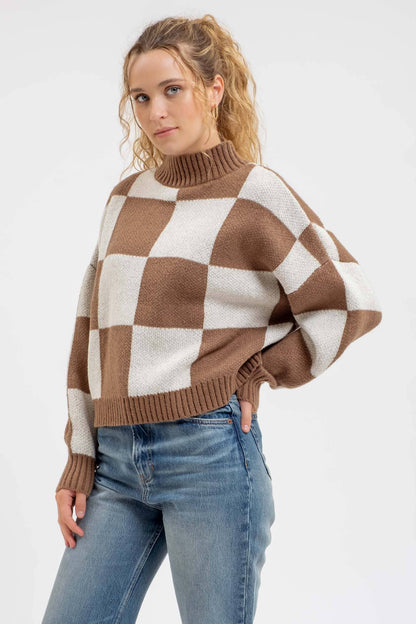 CHECKERED MOCK NECK KNIT PULLOVER SWEATER