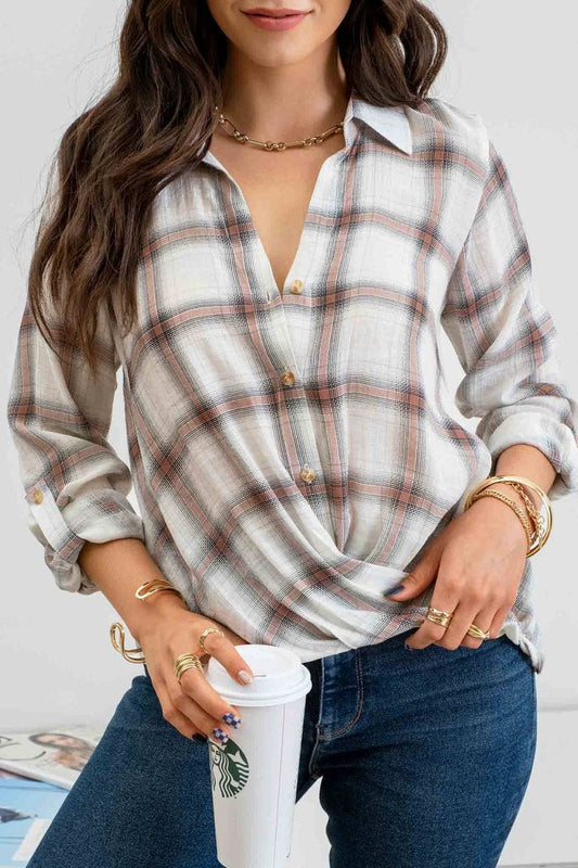 PLAID BUTTONED WRAP WOVEN TOP