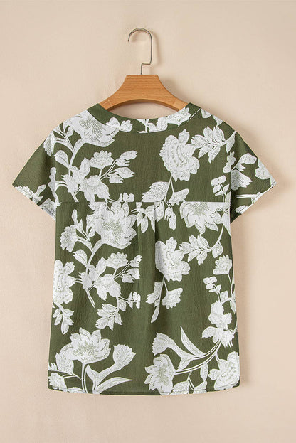 Floral V Neck Short Sleeve Blouse