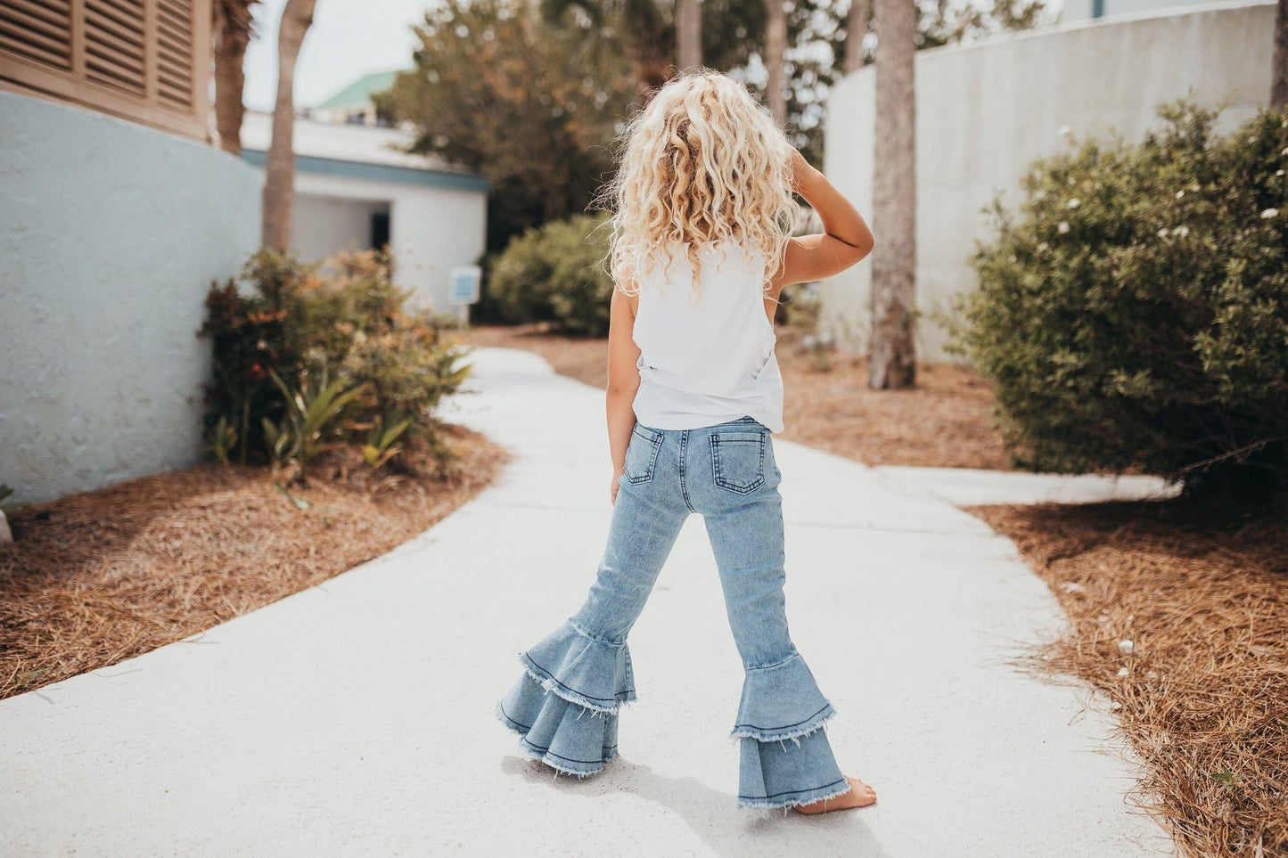 Kids Light Wash Denim Double Ruffle Jeans Pants