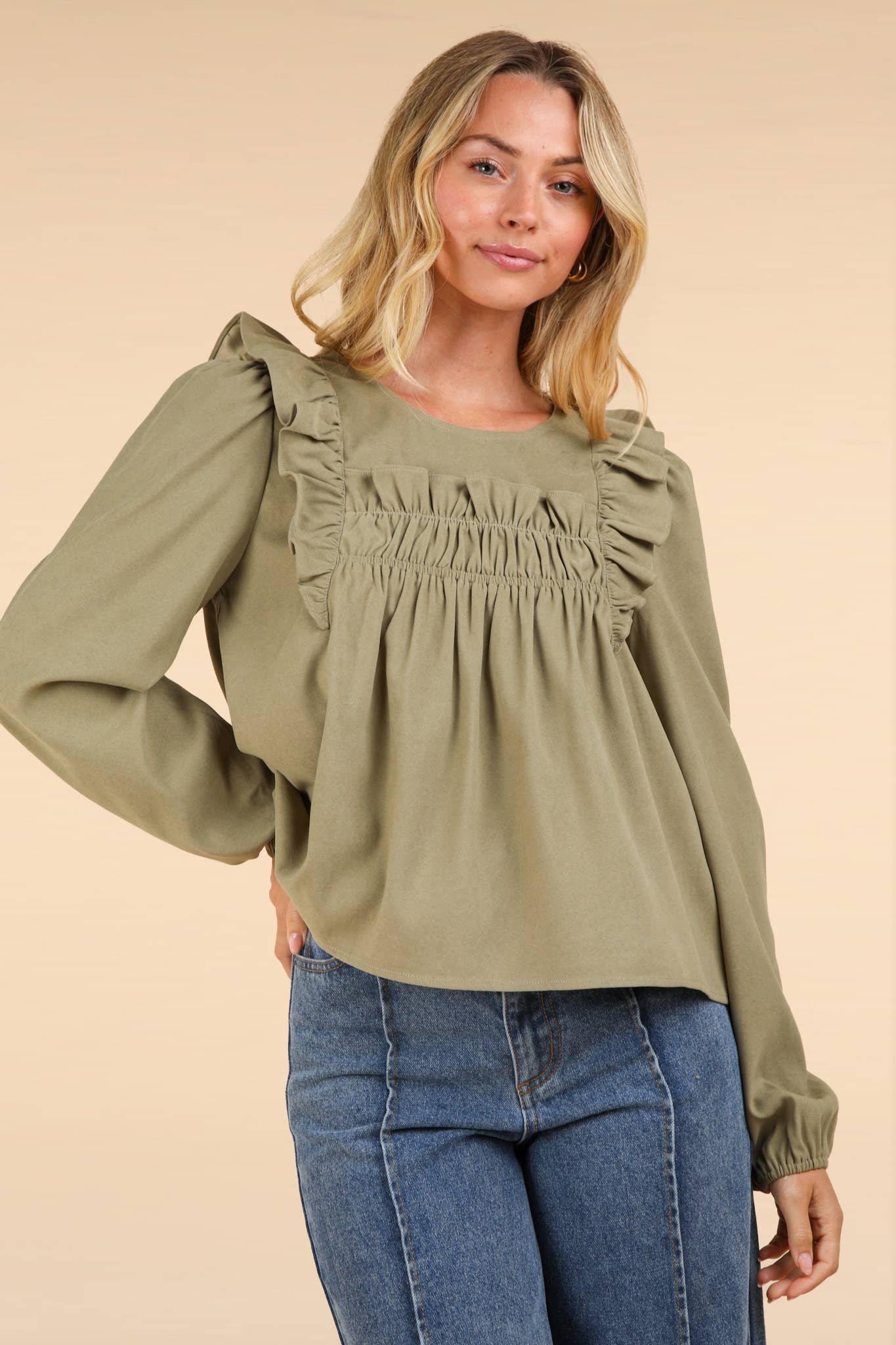 Ruffle Shoulder Woven Blouse