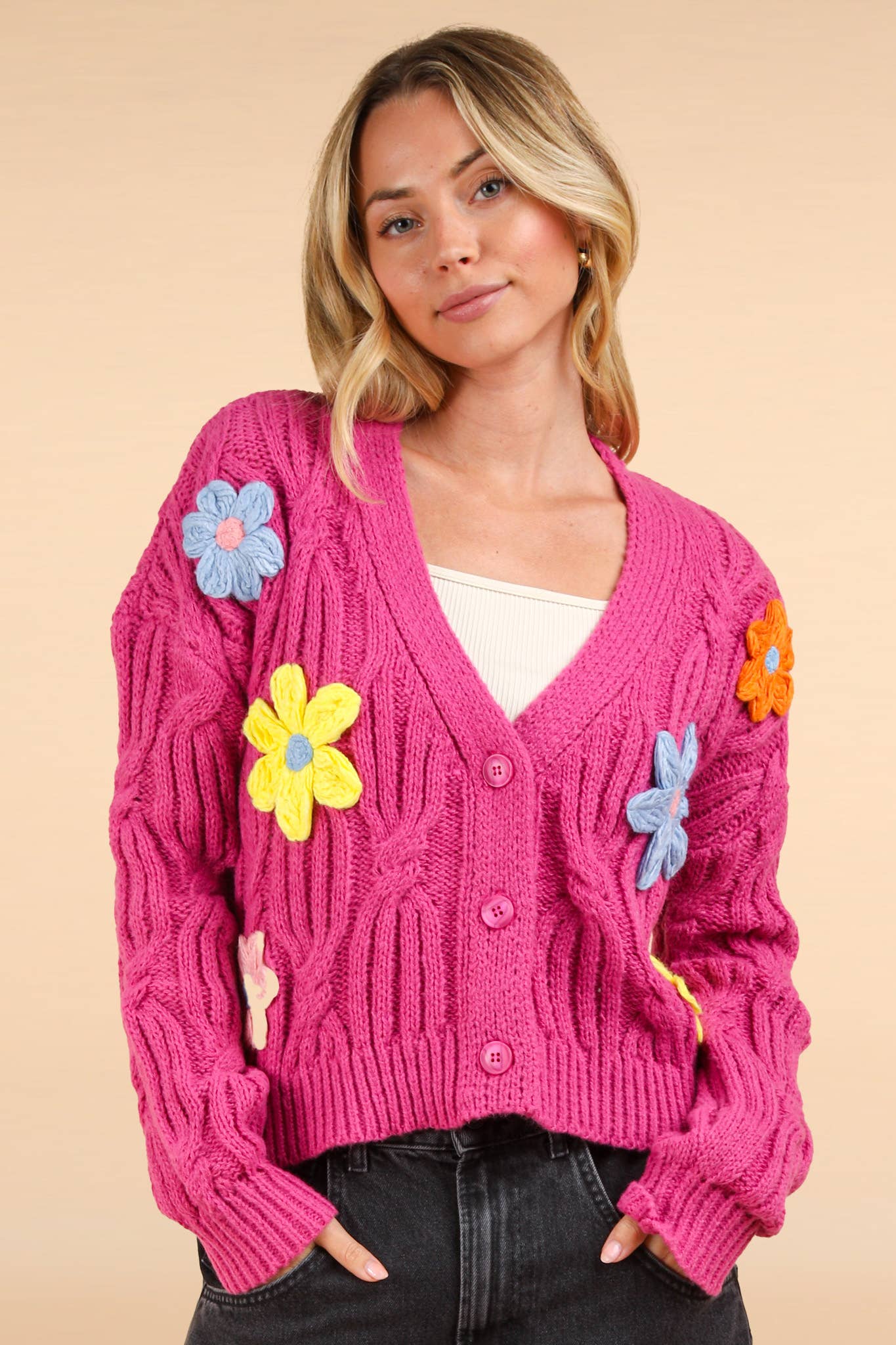 Flower Applique Knit Sweater Cardigan