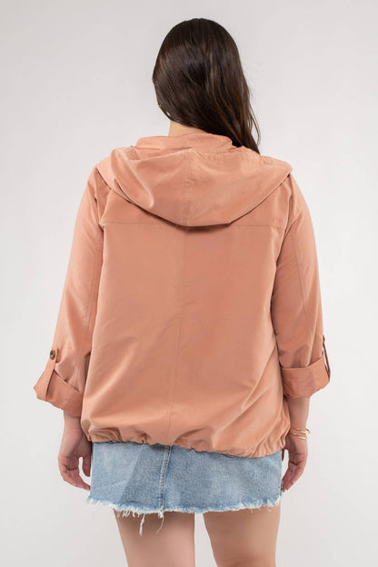 Snap Button Zip Up Hooded Jacket