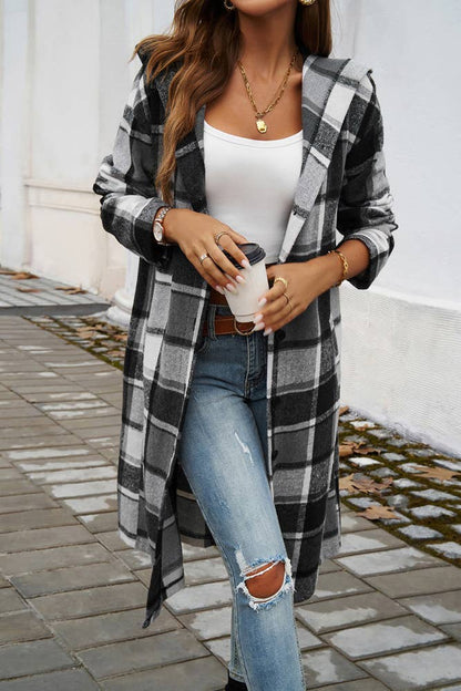 Hooded Plaid Long Coat DY174