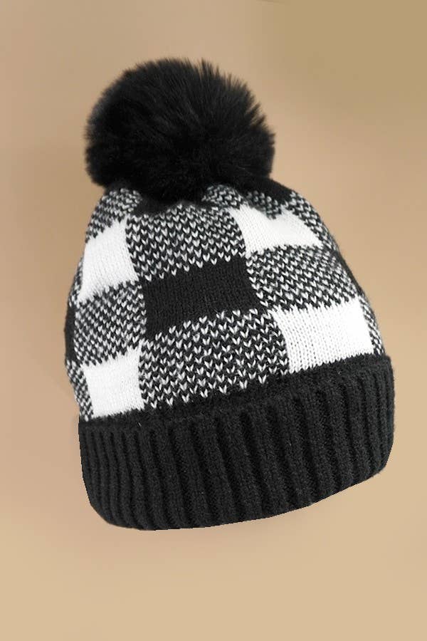CHECKER POM POM BEANIE HAT
