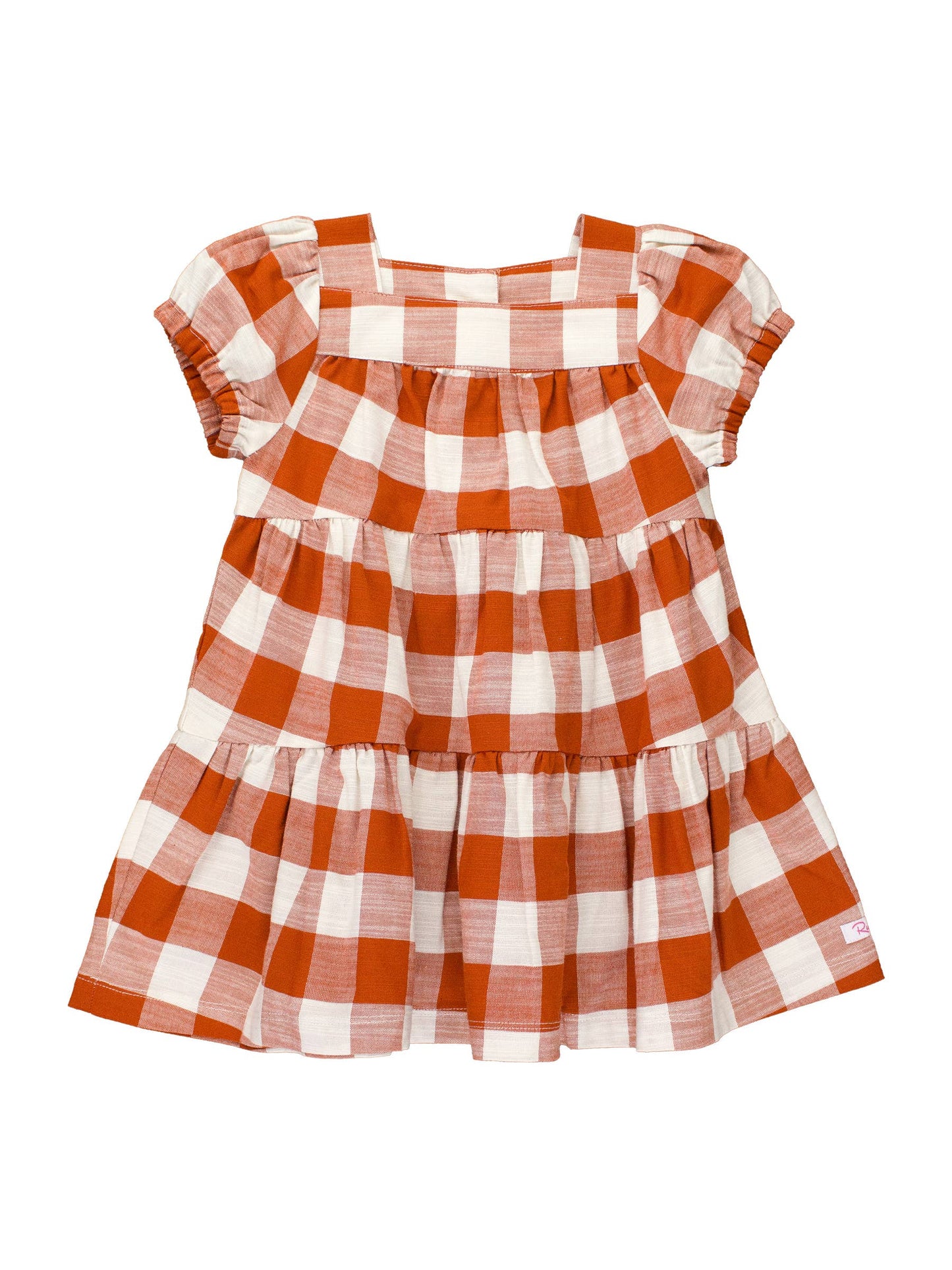 Rust Plaid Puff Short Sleeve Tiered Dress