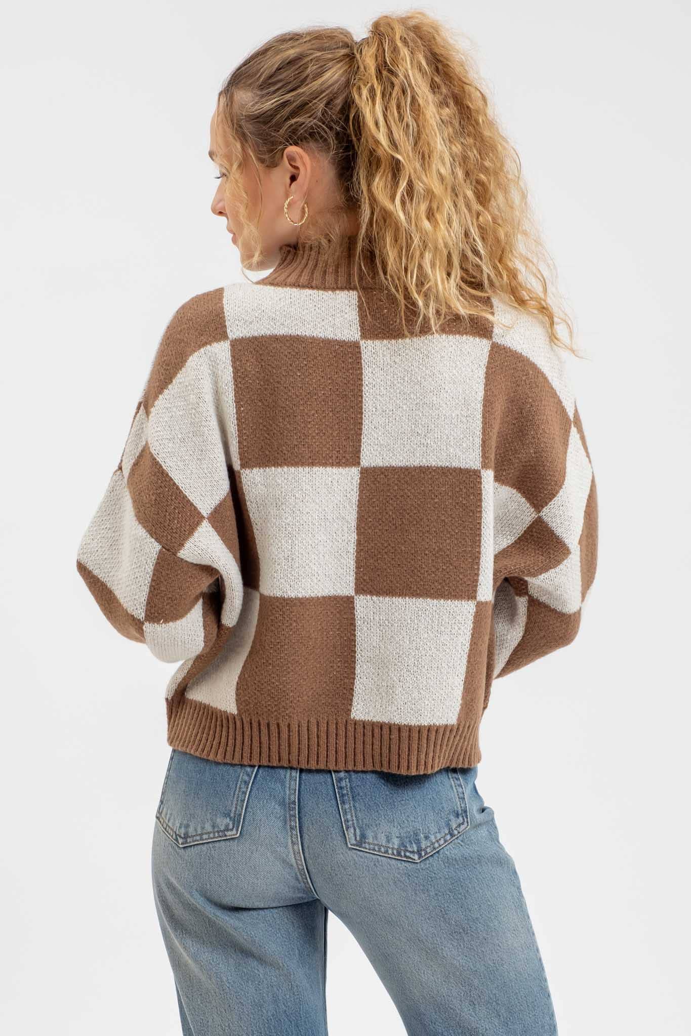 CHECKERED MOCK NECK KNIT PULLOVER SWEATER