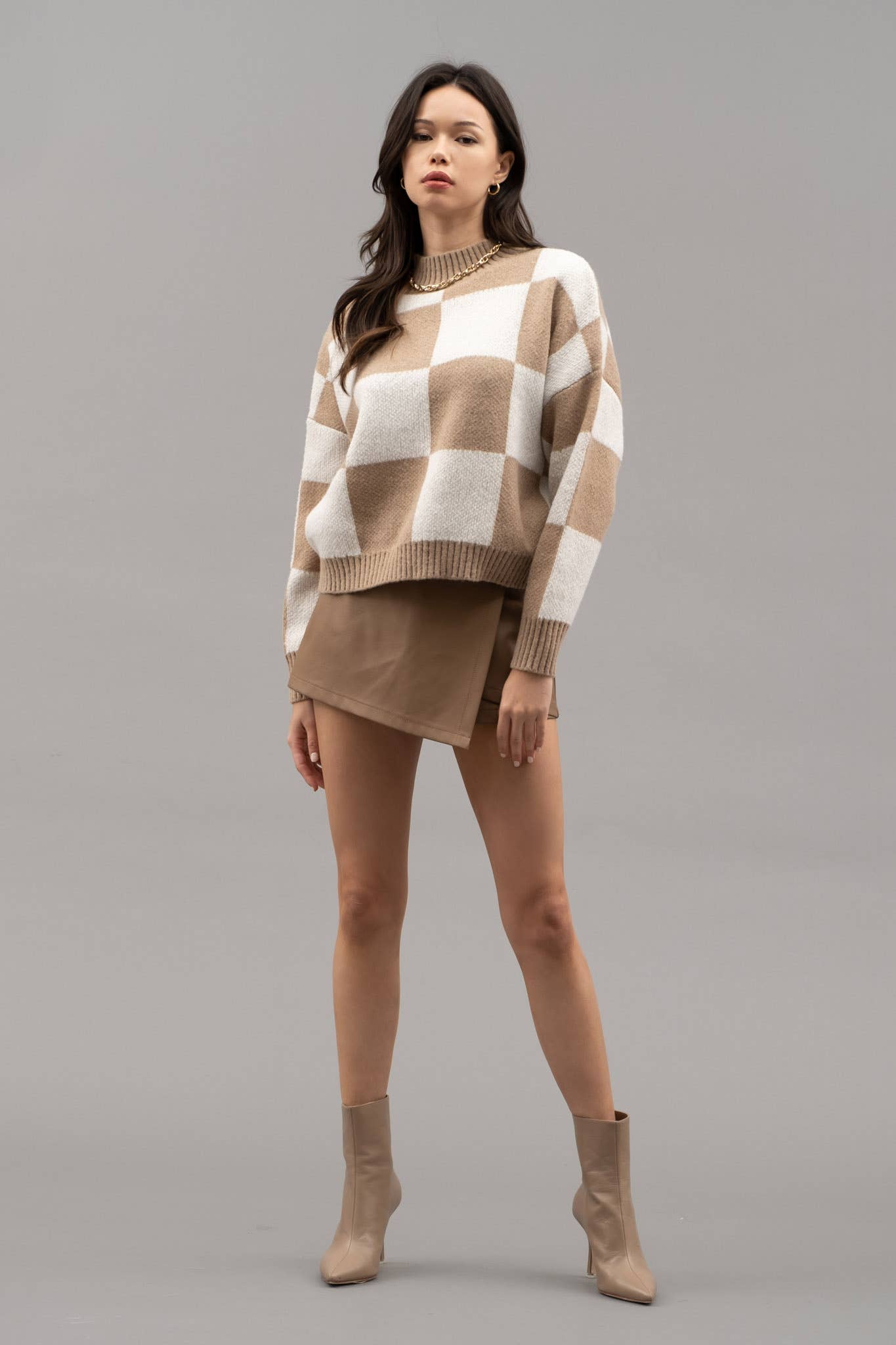 CHECKERED MOCK NECK KNIT PULLOVER SWEATER