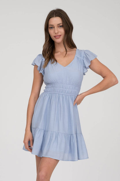 V NECK SHORT SLEEVE RUFFLE DETAIL SHIRRED MINI DRE