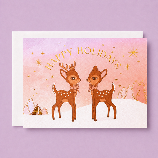 Gold Foil Happy Holidays Retro Deer Greeting Card