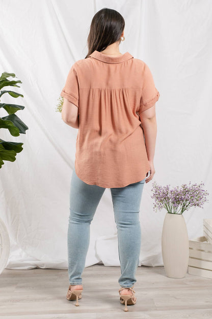 PL BUTTON DOWN CUFFED SHORT SLEEVE TOP