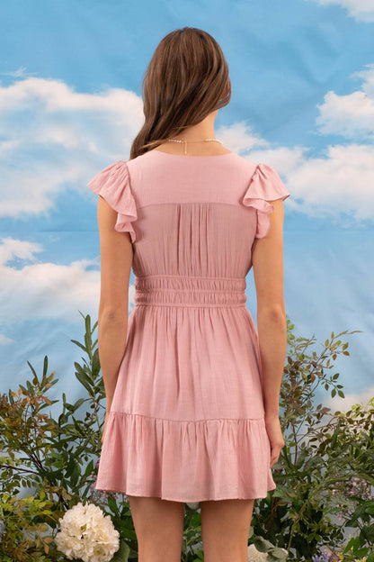 V NECK SHORT SLEEVE RUFFLE DETAIL SHIRRED MINI DRE