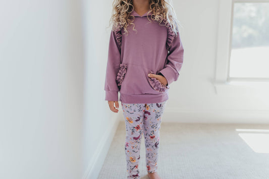 Lavender Floral Ruffle Hoodie Shirt and Leggings Set