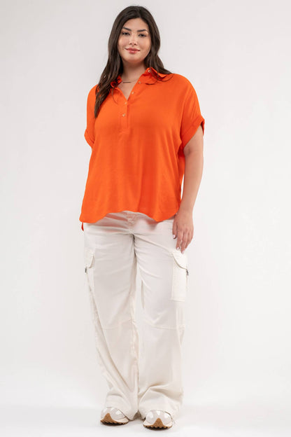 PL BUTTON DOWN CUFFED SHORT SLEEVE TOP