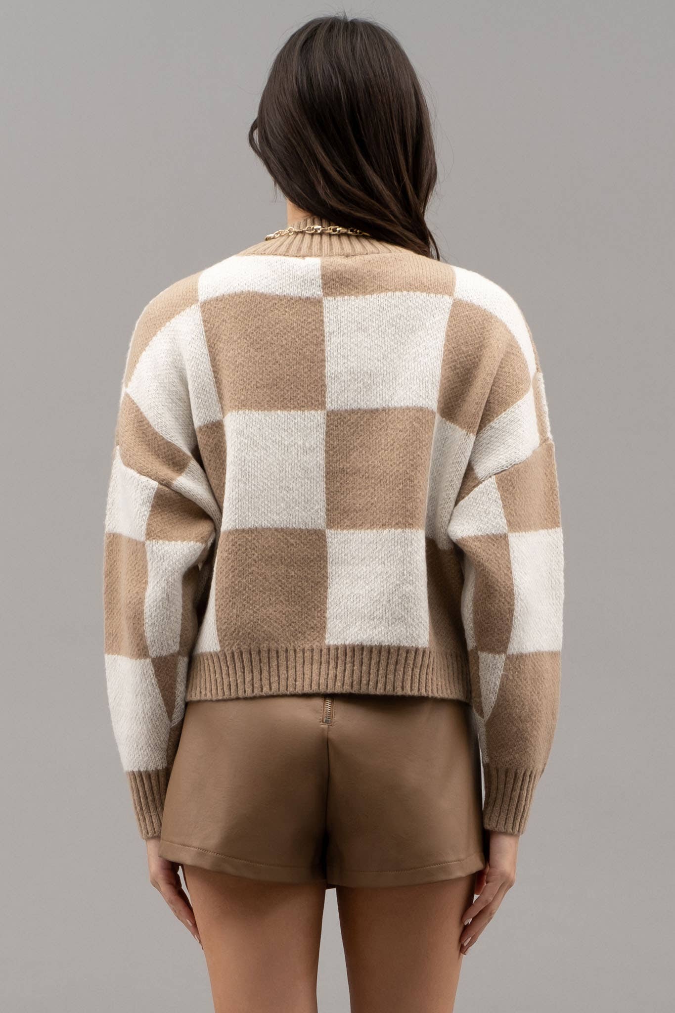 CHECKERED MOCK NECK KNIT PULLOVER SWEATER