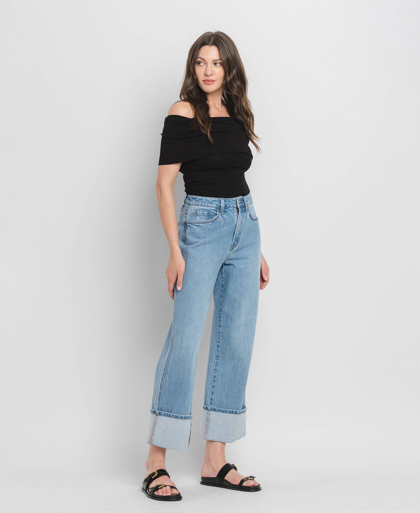 Gabby SUPER HIGH RISE CUFF BAGGY STRAIGHT JEANS T6513