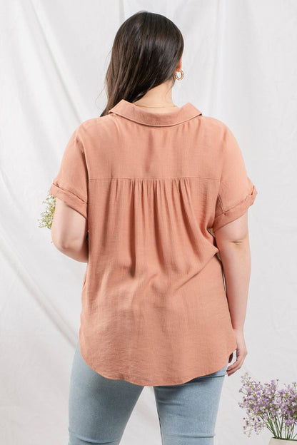 PL BUTTON DOWN CUFFED SHORT SLEEVE TOP