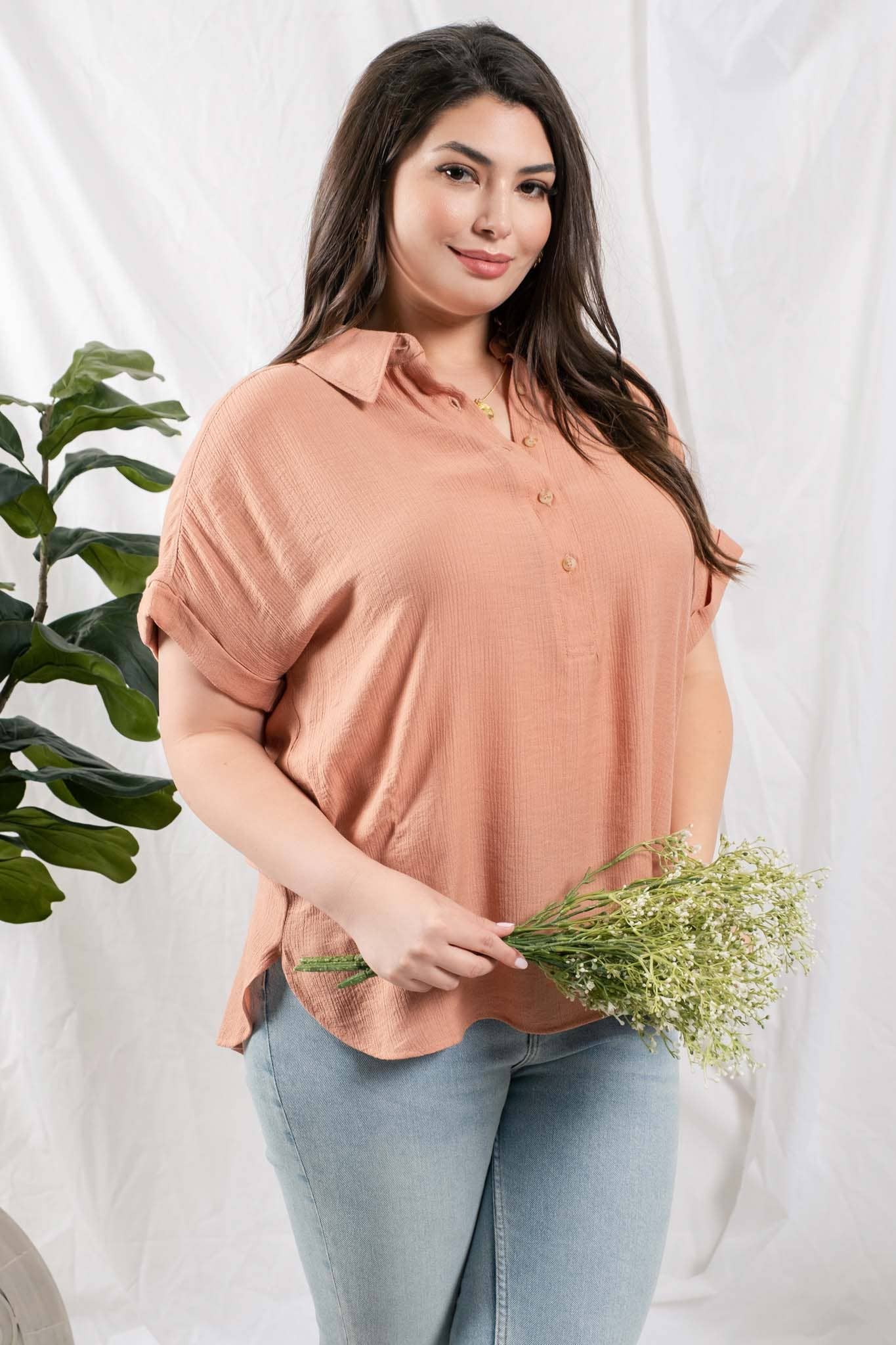 PL BUTTON DOWN CUFFED SHORT SLEEVE TOP