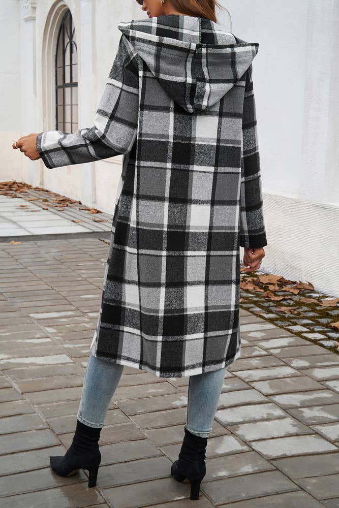 Hooded Plaid Long Coat DY174