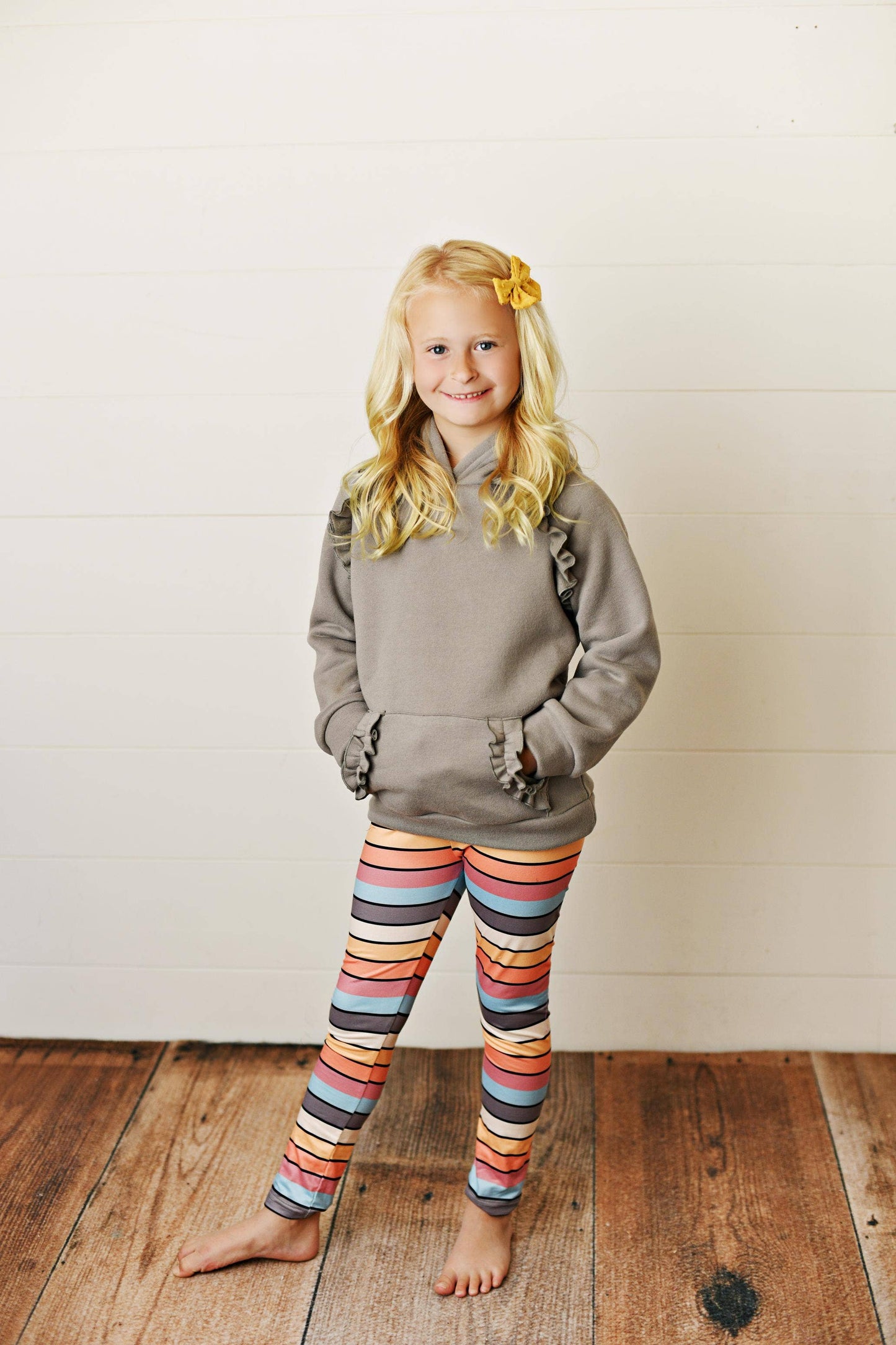 Gray Ruffle Hoodie Rainbow Stripe Leggings Set