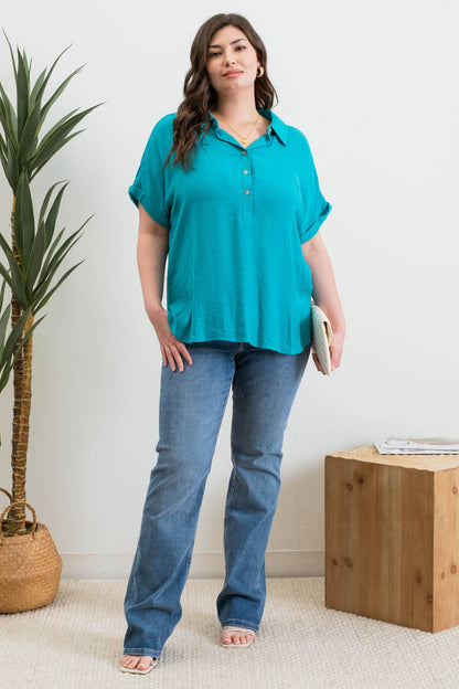 PL BUTTON DOWN CUFFED SHORT SLEEVE TOP