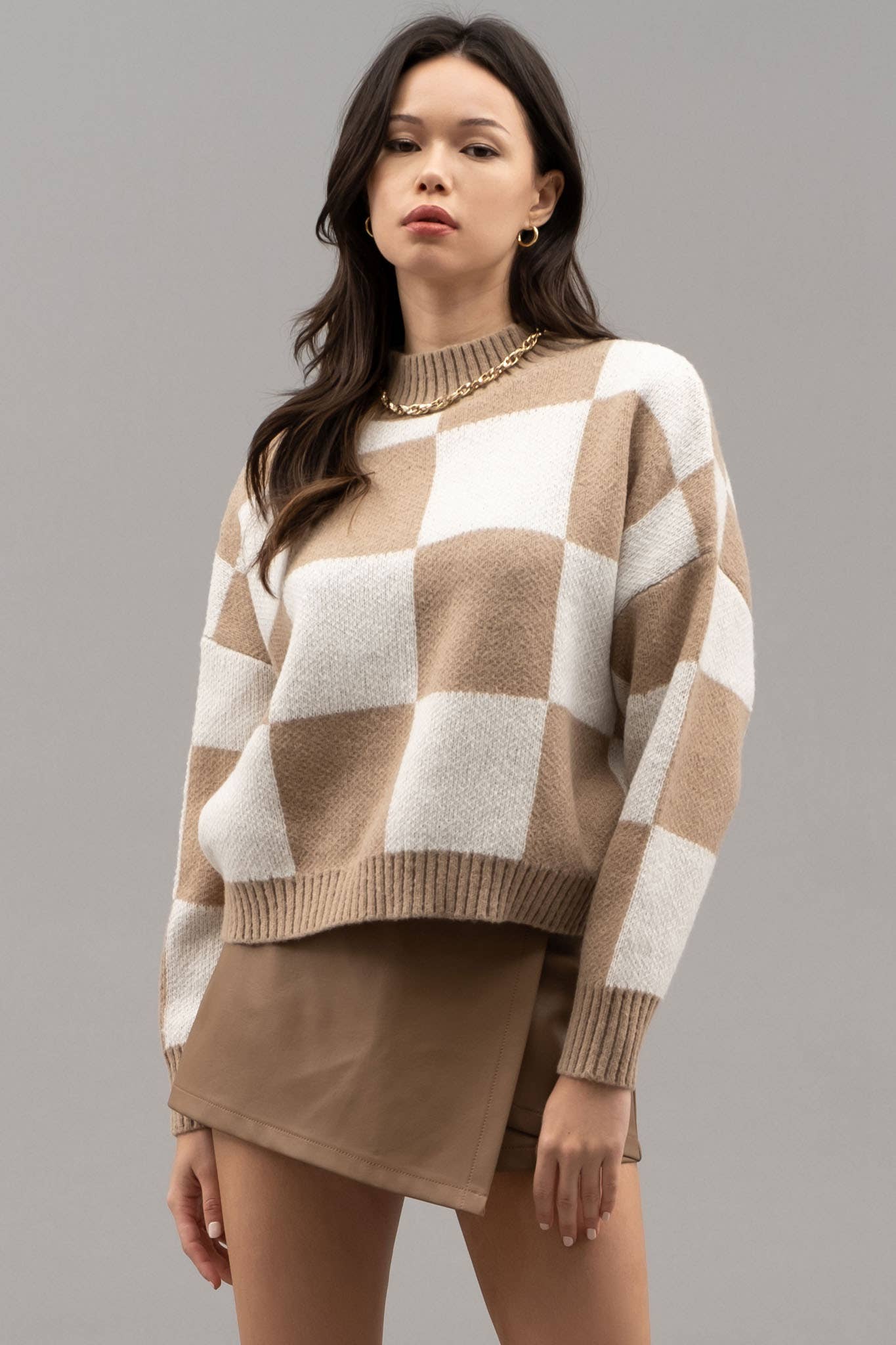 CHECKERED MOCK NECK KNIT PULLOVER SWEATER