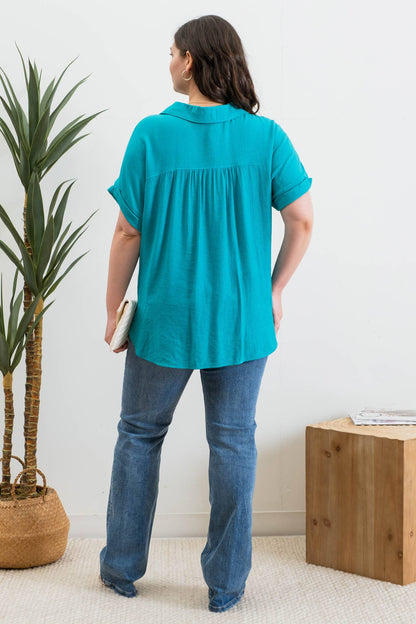 PL BUTTON DOWN CUFFED SHORT SLEEVE TOP